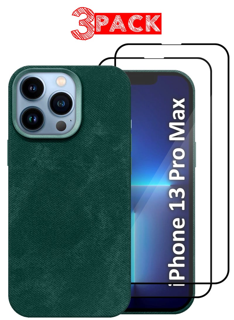 MARGOUN 3Packs iPhone 13 Pro Max Alcantara Case Cover Premium Quality Luxurious Soft Touch Protection with Metal Camera Frame with Two 3D Screen Protectors - Green Green-3  - Image 1