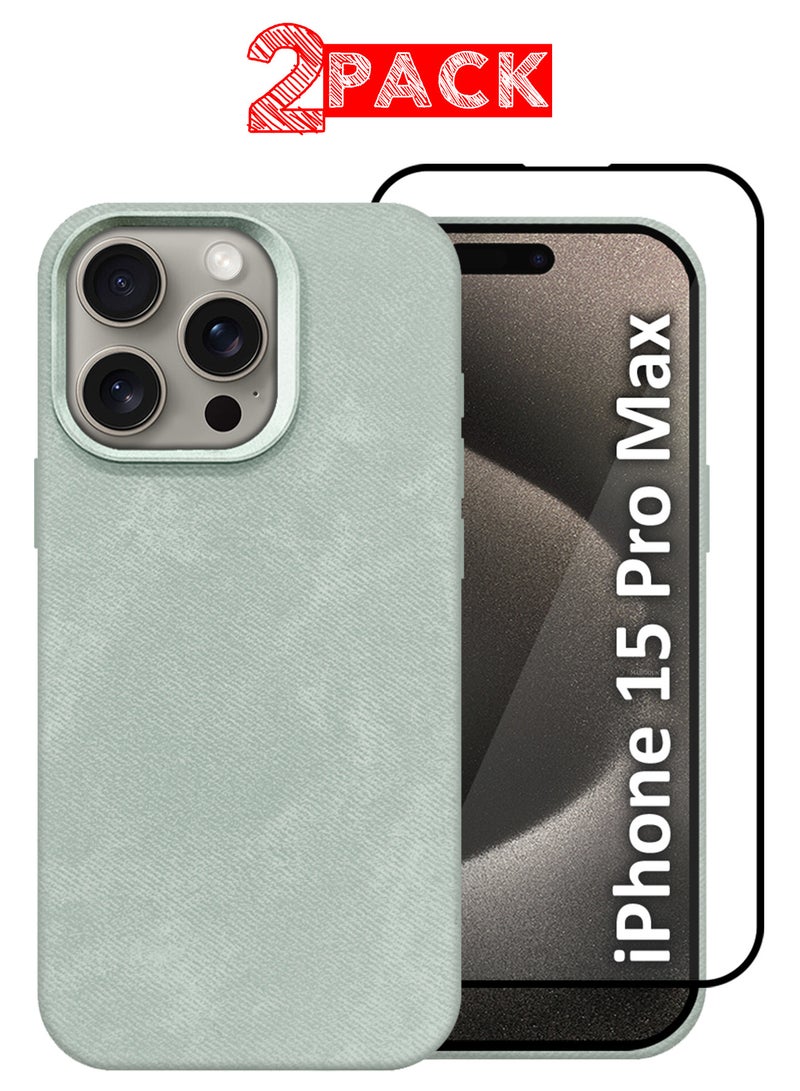 MARGOUN 2Packs iPhone 15 Pro Max Alcantara Case Cover Premium Quality Luxurious Soft Touch Protection with Metal Camera Frame with a 3D Screen Protector - Natural Titanium Natural Titanium-2 - Image 1