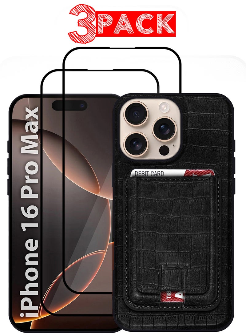 MARGOUN iPhone 16 Pro Max Case 3 Pack, Soft Flexible PU Leather, Durable Anti-Scratch Case with Detachable Classic Card Wallet Holder,1 case 2 Screen Protectors Black-3  - Image 1