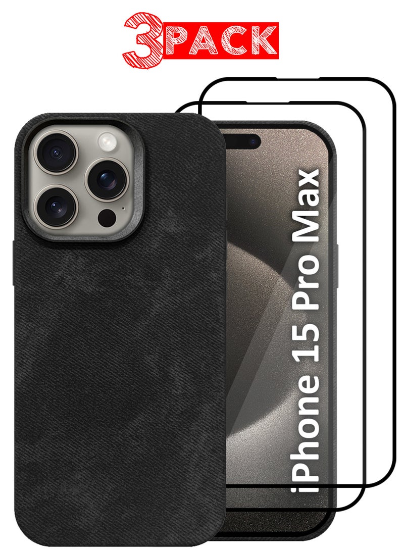MARGOUN 3Packs iPhone 15 Pro Max Alcantara Case Cover Premium Quality Luxurious Soft Touch Protection with Metal Camera Frame with Two 3D Screen Protectors - Black Black-3  - Image 1