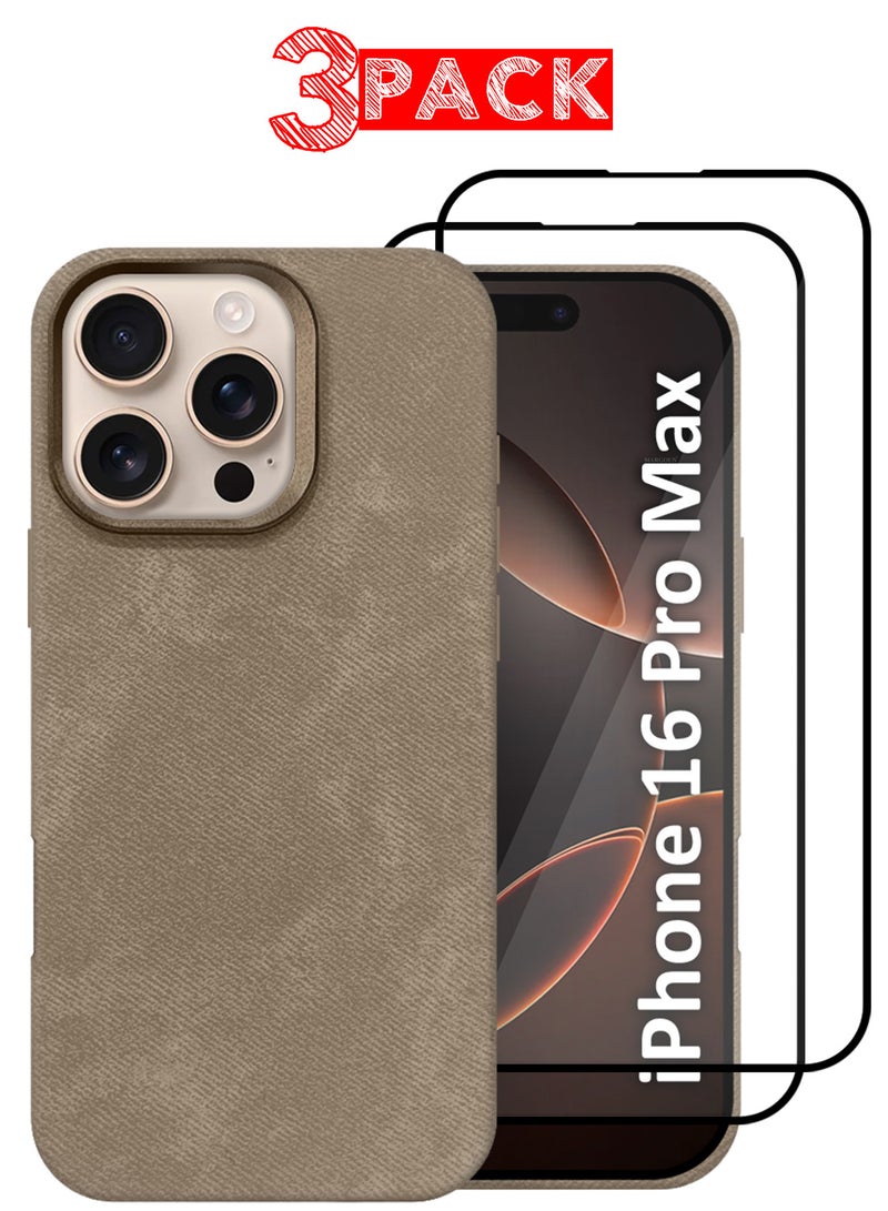 MARGOUN 3Packs iPhone 16 Pro Max Alcantara Case Cover Premium Quality Luxurious Soft Touch Protection with Metal Camera Frame with Two 3D Screen Protectors - Desert Titanium Desert Titanium-3  - Image 1