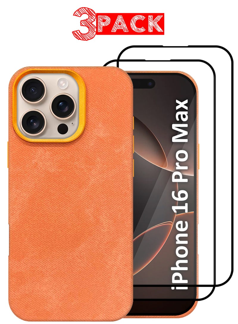 MARGOUN 3Packs iPhone 16 Pro Max Alcantara Case Cover Premium Quality Luxurious Soft Touch Protection with Metal Camera Frame with Two 3D Screen Protectors - Orange Orange-3  - Image 1