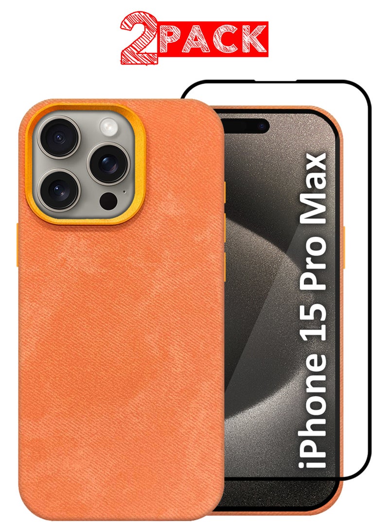 MARGOUN 2Packs iPhone 15 Pro Max Alcantara Case Cover Premium Quality Luxurious Soft Touch Protection with Metal Camera Frame with a 3D Screen Protector - Orange Orange-2  - Image 1