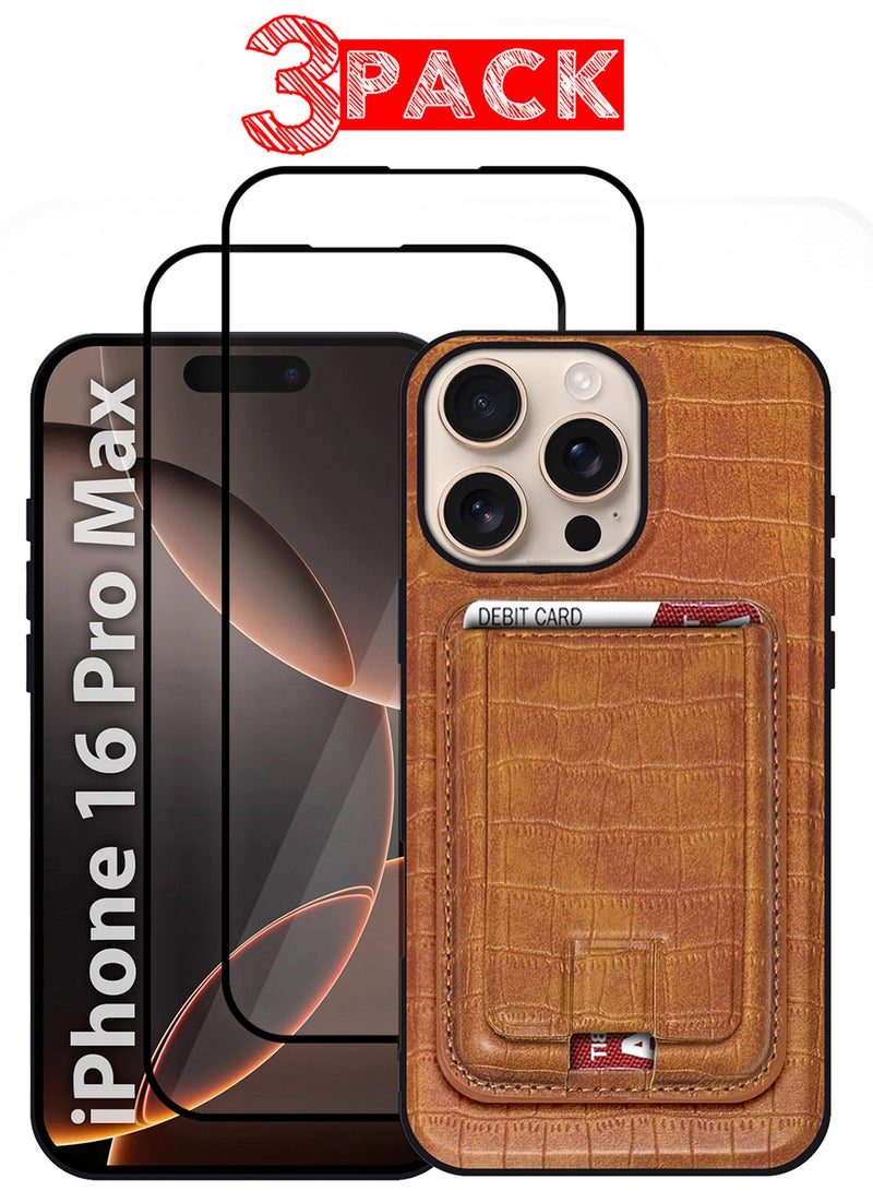 MARGOUN iPhone 16 Pro Max Case 3 Pack, Soft Flexible PU Leather, Durable Anti-Scratch Case with Detachable Classic Card Wallet Holder,1 case 2 Screen Protectors walnut-3  - Image 1