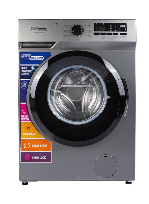 8 Kg Front Load Washing Machine ,1400 RPM,15 Programs with Quick Wash and BLDC Inverter Motor, Built in Heater, LED Display SGW8250NLEDS Silver
