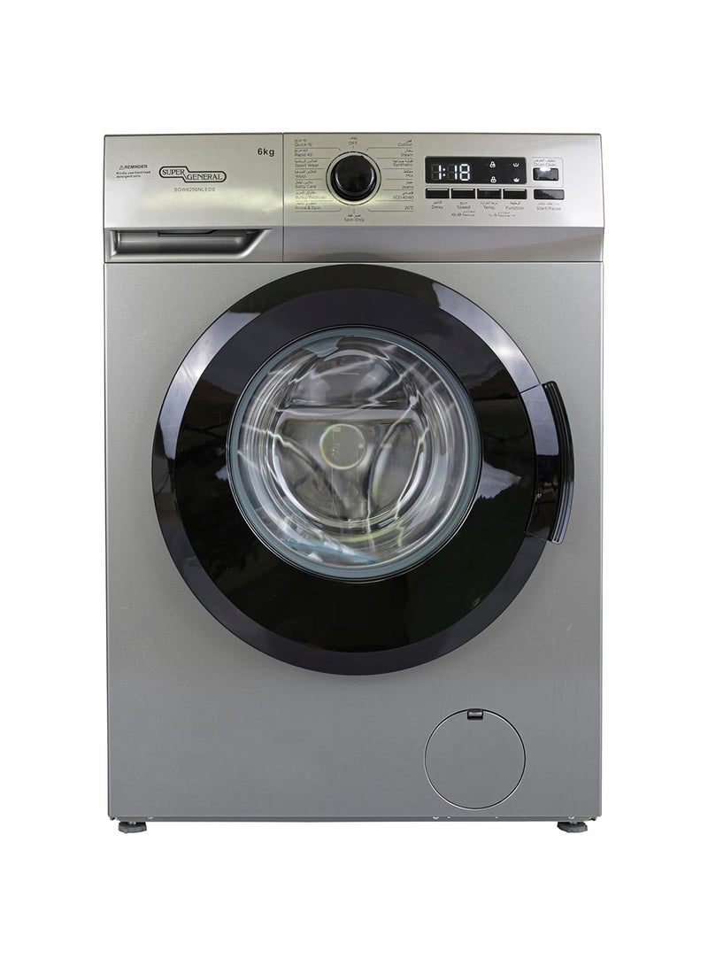 SUPER GENERAL - 6kg Front Load Washing Machine,1000RPM,15 Programs,Child lock With Drum Clean Function SGW6250NLEDS Silver - Image 1