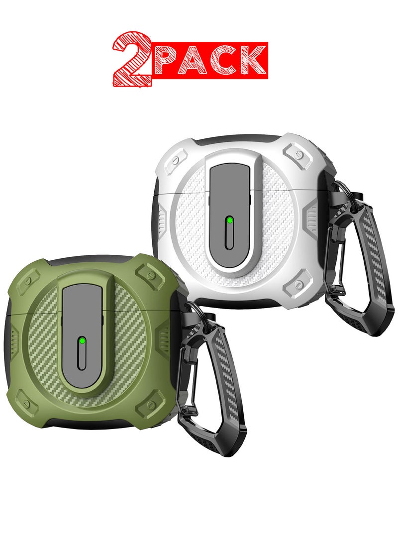 MARGOUN 2Packs Case Hard Shell for Airpods 4 Protective Armor LED Visible Wireless Charging Case Cover with Lock - Green White Olive Green White - Image 1