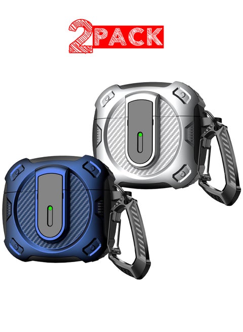 2Packs Case Hard Shell for Airpods 4 Protective Armor LED Visible Wireless Charging Case Cover with Lock - Silver Blue Silver Blue