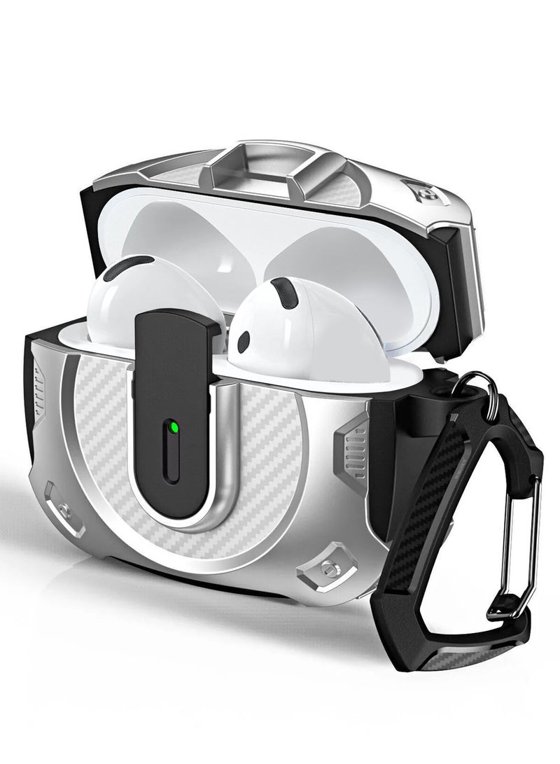 MARGOUN - Case Hard Shell for Airpods 4 Protective Armor LED Visible Wireless Charging Case Cover with Lock - Silver Silver - Image 1