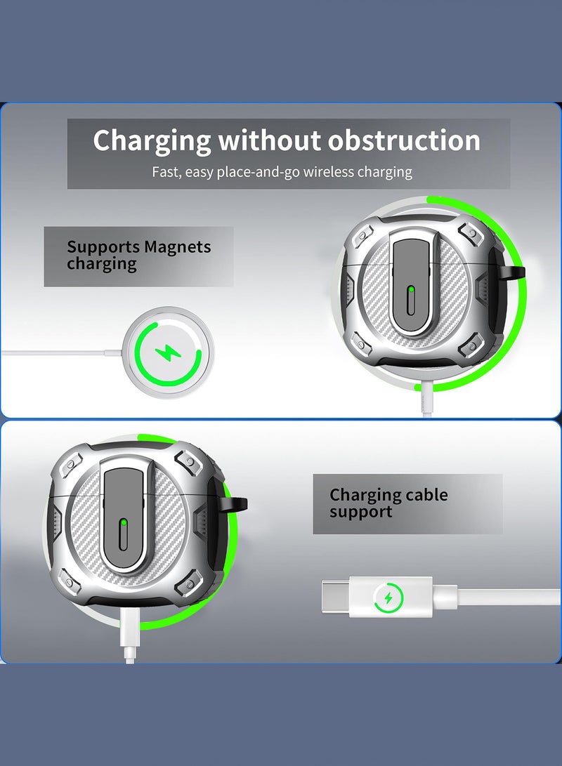 MARGOUN - Case Hard Shell for Airpods 4 Protective Armor LED Visible Wireless Charging Case Cover with Lock - Silver Silver - Image 1