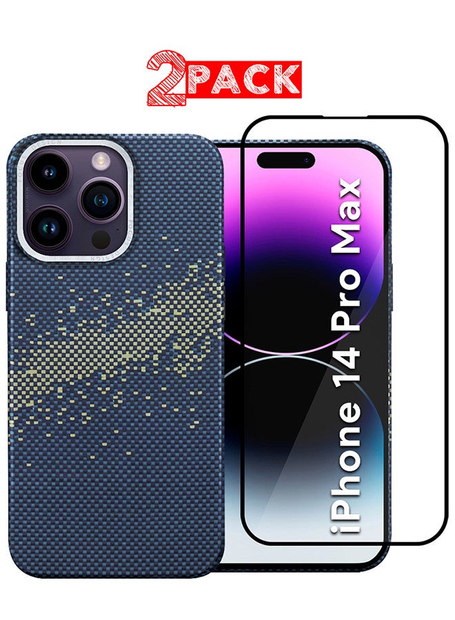 MARGOUN iPhone 14 Pro Max 2Packs MagEZ Case Cover Fusion Weaving Pattern Kevlar Fiber Bulletproof Vest Cover Protective Ultra Slim Magnetic, Screen and Camera Guard - Milky Way Blue Blue-2k - Image 1