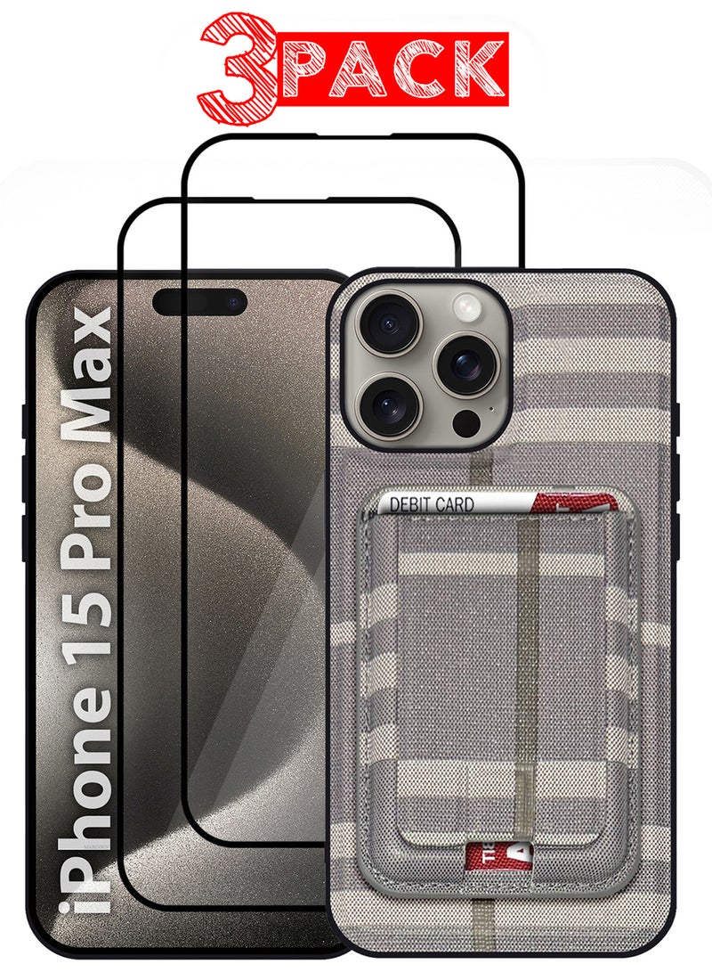 MARGOUN iPhone 15 Pro Max Case 3 Pack, Soft Flexible PU Leather, Durable Anti-Scratch Case with Detachable Classic Card Wallet Holder,1 case 2 Screen Protectors Greyish-3  - Image 1