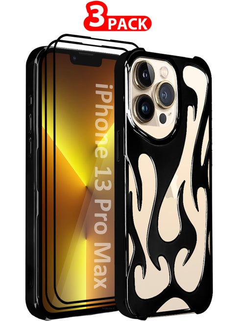 iPhone 13 Pro Max 3Packs Flame Case Cover Soft TPU and Glossy with Two 3D Shockproof Screen Protector - Black Black-3s