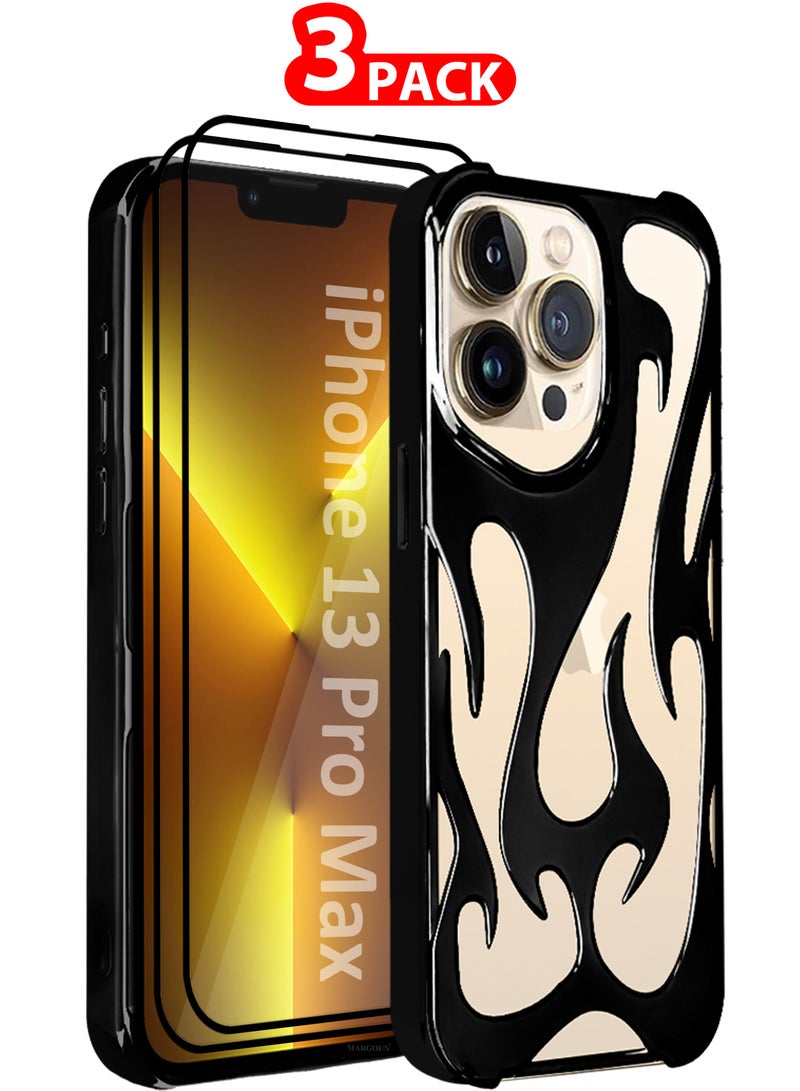 iPhone 13 Pro Max 3Packs Flame Case Cover Soft TPU and Glossy with Two 3D Shockproof Screen Protector - Black Black-3s