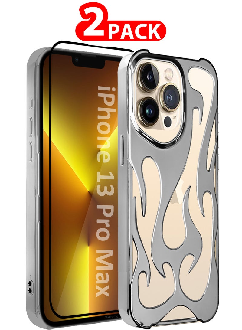 مارجون iPhone 13 Pro Max 2Packs Flame Case Cover Soft TPU and Glossy with 3D Shockproof Screen Protector - Silver Silver-2s - Image 1
