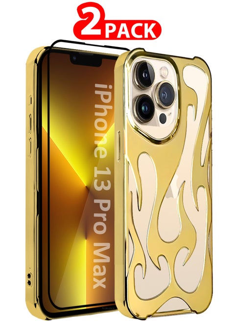 iPhone 13 Pro Max 2Packs Flame Case Cover Soft TPU and Glossy with 3D Shockproof Screen Protector - Gold Gold-2s