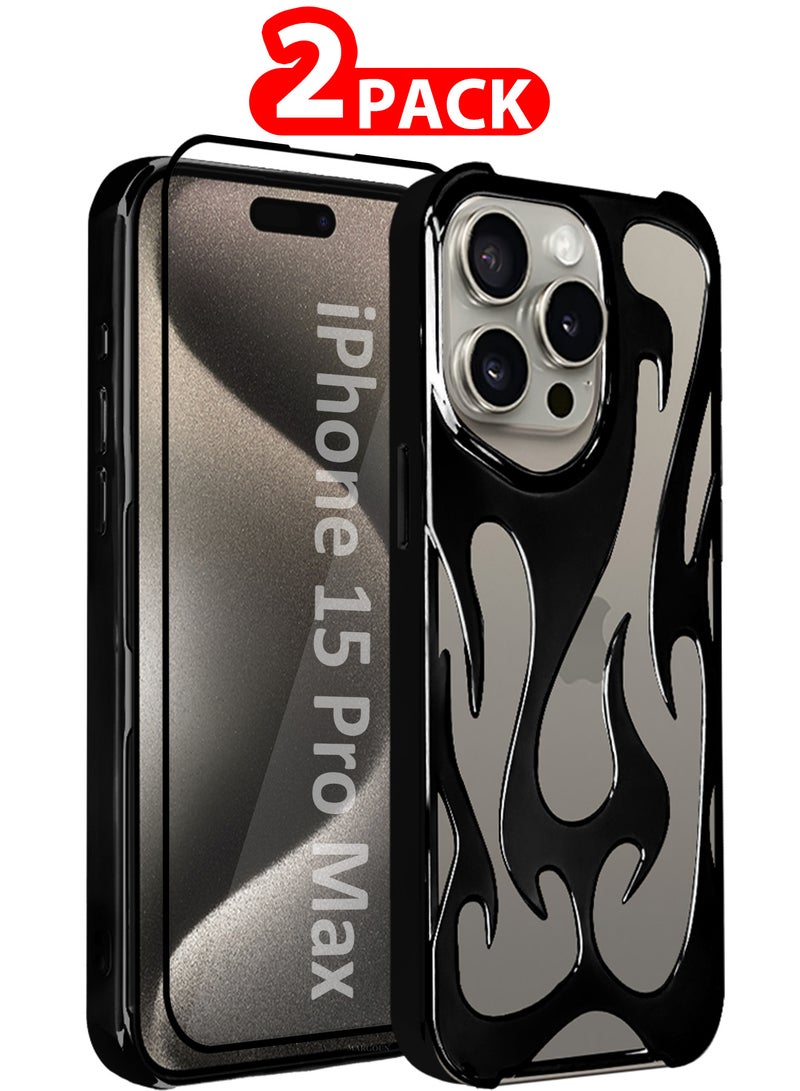 MARGOUN iPhone 15 Pro Max 2Packs Flame Case Cover Soft TPU and Glossy with 3D Shockproof Screen Protector - Black Black-2s - Image 1