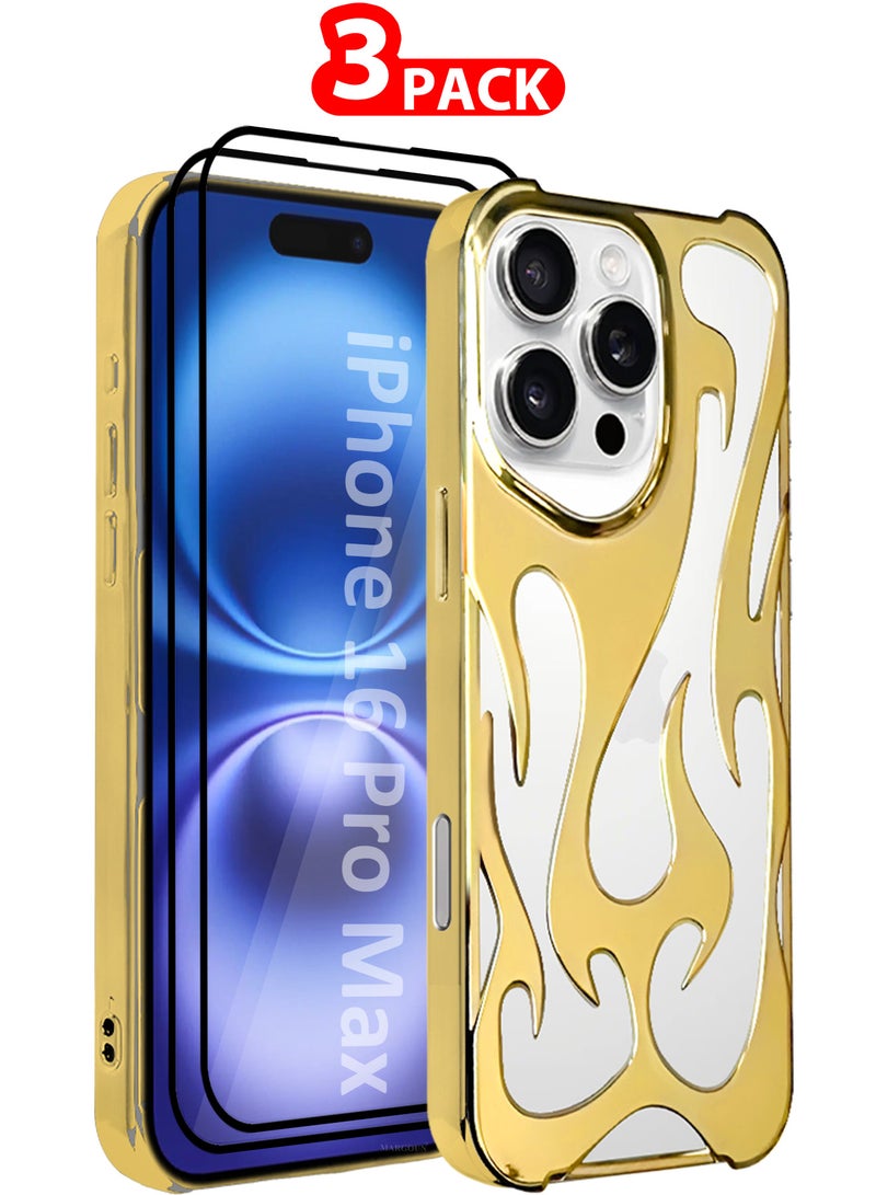 مارجون iPhone 16 Pro Max 3Packs Flame Case Cover Soft TPU and Glossy with Two 3D Shockproof Screen Protector - Gold Gold-3s - Image 1