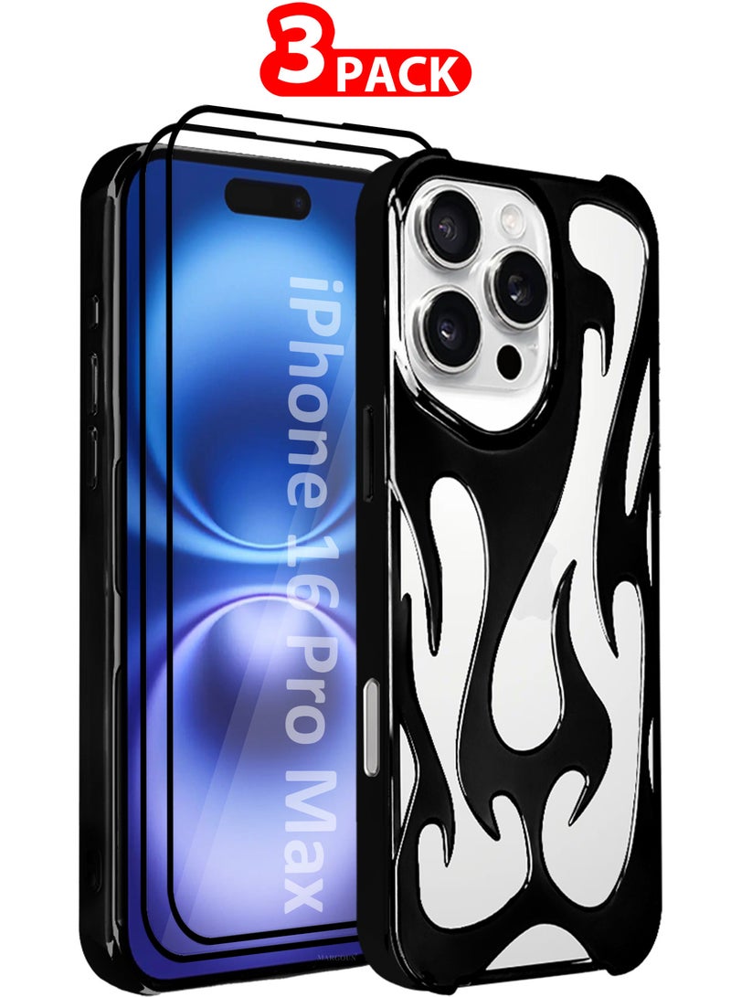 MARGOUN iPhone 16 Pro Max 3Packs Flame Case Cover Soft TPU and Glossy with Two 3D Shockproof Screen Protector - Black Black-3s - Image 1