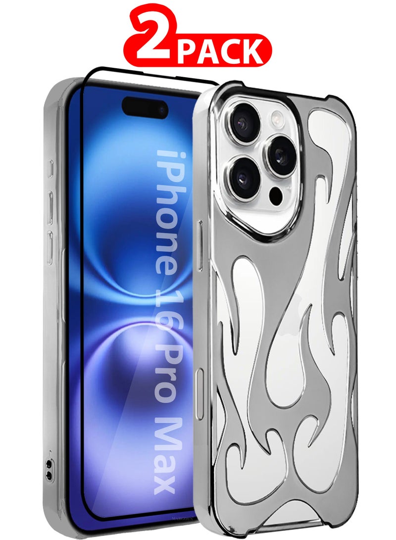 MARGOUN iPhone 16 Pro Max 2Packs Flame Case Cover Soft TPU and Glossy with 3D Shockproof Screen Protector - Silver Silver-2s - Image 1