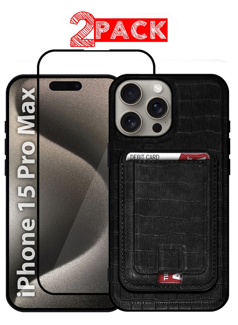 MARGOUN iPhone 15 Pro Max Case 2 Pack, Soft Flexible PU Leather, Durable Anti-Scratch Case with Detachable Classic Card Wallet Holder,1 case 1 Screen Protector Black-2  - Image 1