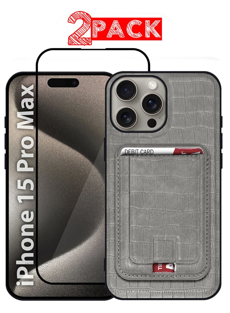 MARGOUN iPhone 15 Pro Max Case 2 Pack, Soft Flexible PU Leather, Durable Anti-Scratch Case with Detachable Classic Card Wallet Holder,1 case 1 Screen Protector Grey-2  - Image 1