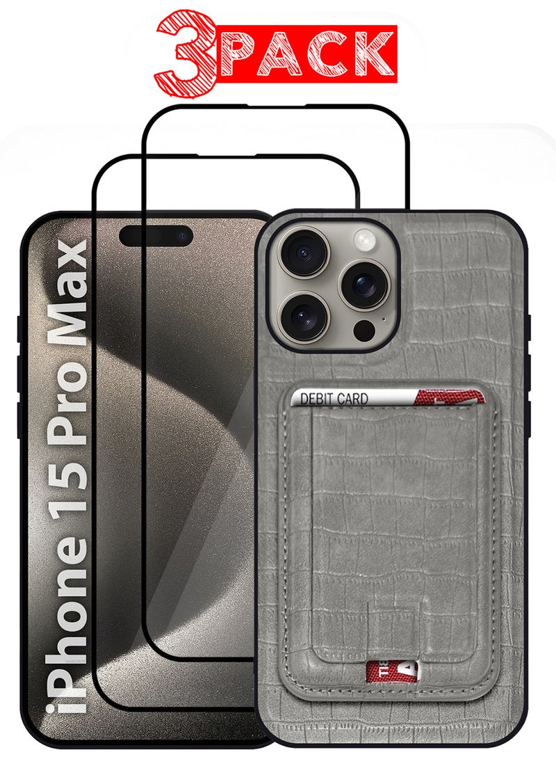 MARGOUN iPhone 15 Pro Max Case 3 Pack, Soft Flexible PU Leather, Durable Anti-Scratch Case with Detachable Classic Card Wallet Holder,1 case 2 Screen Protectors Grey-3  - Image 1