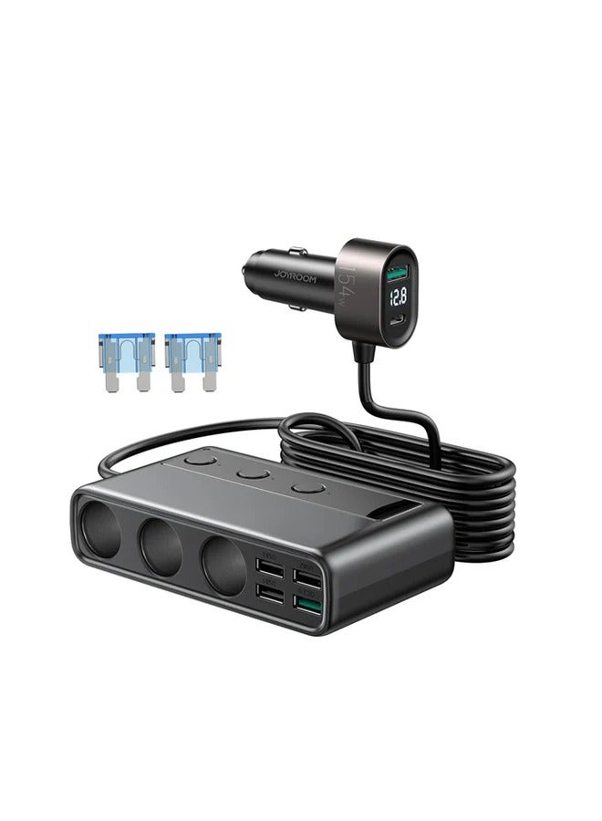 JOYROOM R-CL06 210W Car Cigarette Lighter Adapter With Three Sockets + 6 Ports (PD+QC3.0+USB*4) - Black - Image 1