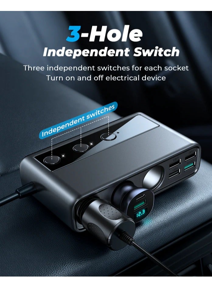 JOYROOM R-CL06 210W Car Cigarette Lighter Adapter With Three Sockets + 6 Ports (PD+QC3.0+USB*4) - Black - Image 4