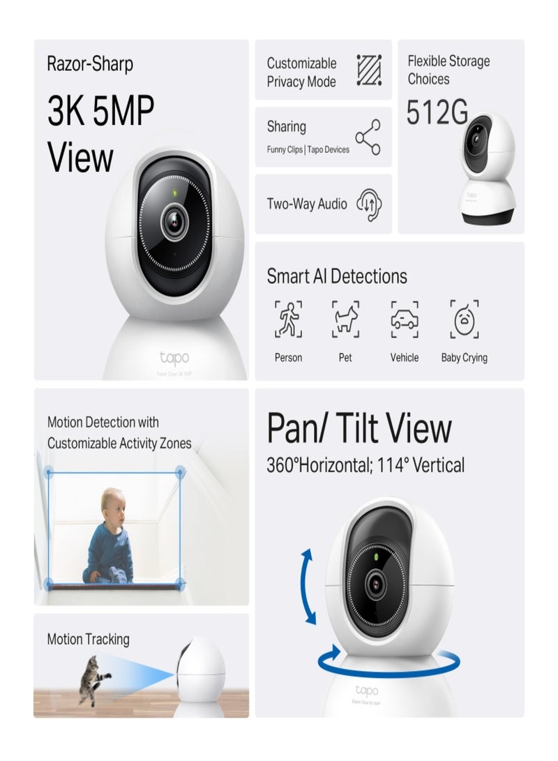 TP-LINK - Tapo TC74 3K 5MP (2880×1620 px) 360º  Pan/Tilt AI Home Security Wi-Fi Camera, Person Detection, Two-Way Audio - Image 1