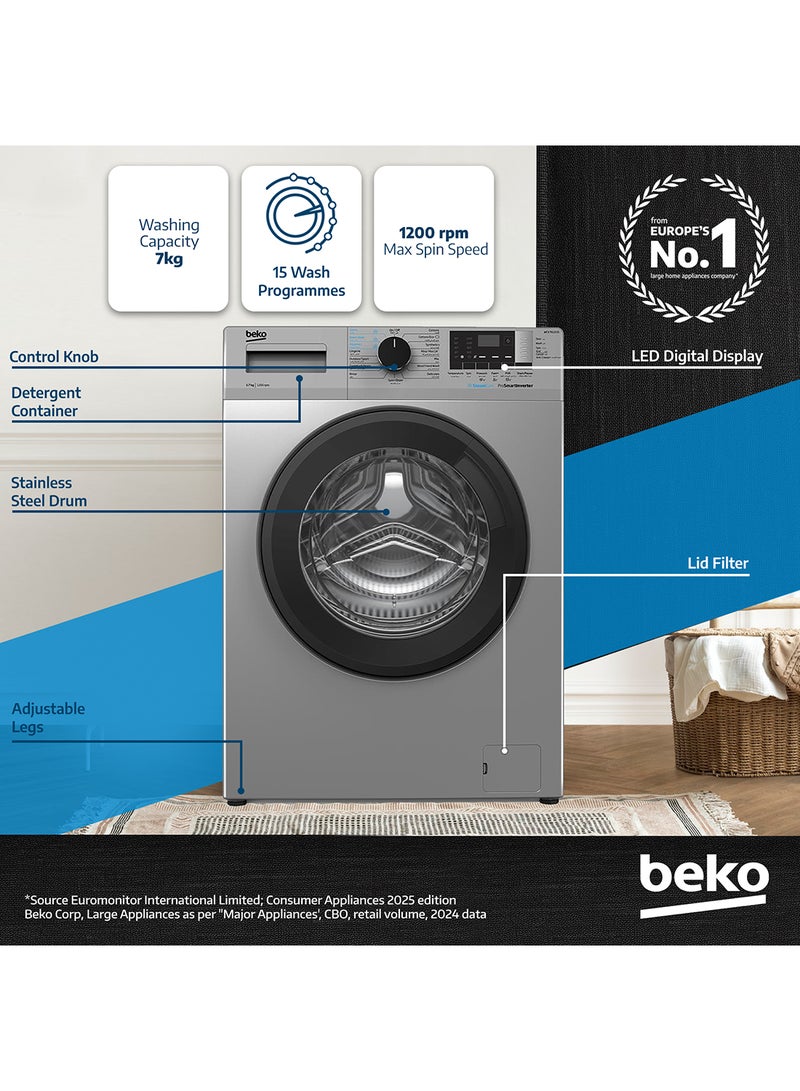 Beko - 7 kg Front Load Washing Machine, 1200 RPM, 15 Programmes, Low Noise, Quick wash 14/28 Minutes, SteamCure Wash, Digital Display, DrumClean Function, 10 Years Warranty on ProSmart Inverter Motor 7 kg WCV7612US Silver - Image 1