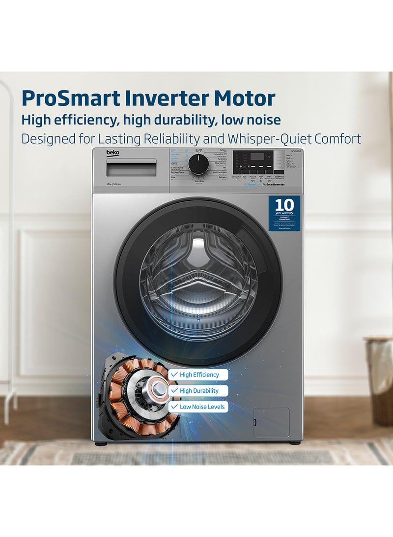 Beko - 7 kg Front Load Washing Machine, 1200 RPM, 15 Programmes, Low Noise, Quick wash 14/28 Minutes, SteamCure Wash, Digital Display, DrumClean Function, 10 Years Warranty on ProSmart Inverter Motor 7 kg WCV7612US Silver - Image 1