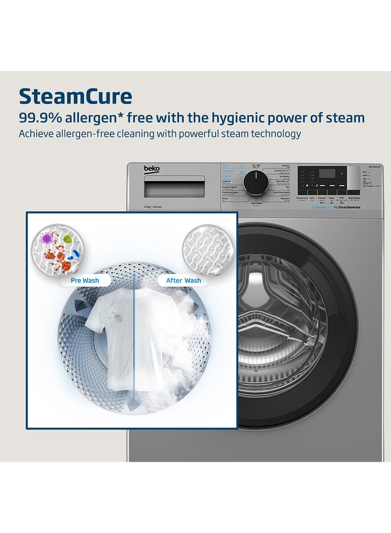Beko - 7 kg Front Load Washing Machine, 1200 RPM, 15 Programmes, Low Noise, Quick wash 14/28 Minutes, SteamCure Wash, Digital Display, DrumClean Function, 10 Years Warranty on ProSmart Inverter Motor 7 kg WCV7612US Silver - Image 1