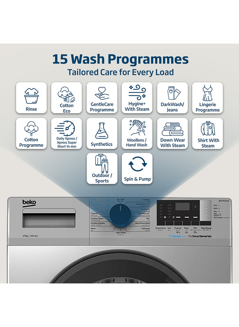 Beko - 7 kg Front Load Washing Machine, 1200 RPM, 15 Programmes, Low Noise, Quick wash 14/28 Minutes, SteamCure Wash, Digital Display, DrumClean Function, 10 Years Warranty on ProSmart Inverter Motor 7 kg WCV7612US Silver - Image 1