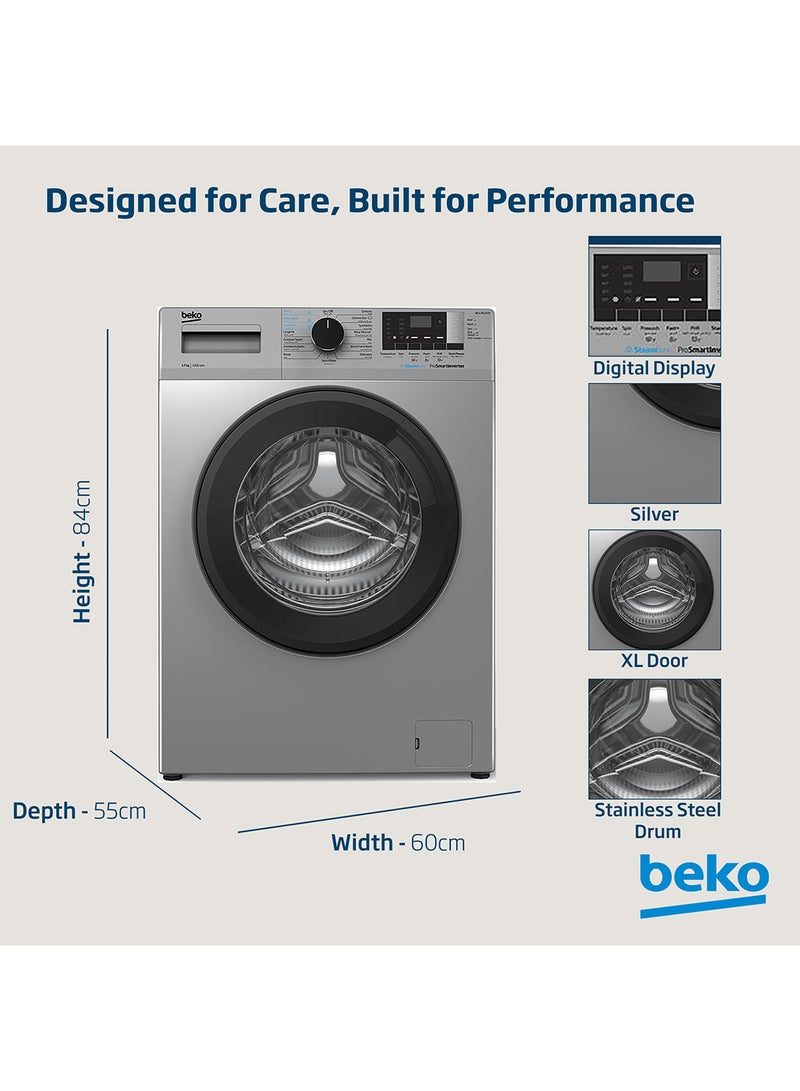 Beko - 7 kg Front Load Washing Machine, 1200 RPM, 15 Programmes, Low Noise, Quick wash 14/28 Minutes, SteamCure Wash, Digital Display, DrumClean Function, 10 Years Warranty on ProSmart Inverter Motor 7 kg WCV7612US Silver - Image 1