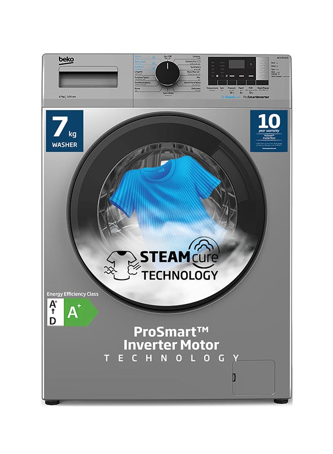 Beko 7 kg Front Load Washing Machine, 1200 RPM, 15 Programmes, Low Noise, Quick wash 14/28 Minutes, SteamCure Wash, Digital Display, DrumClean Function, 10 Years Warranty on ProSmart Inverter Motor 7 kg WCV7612US Silver  - Image 1