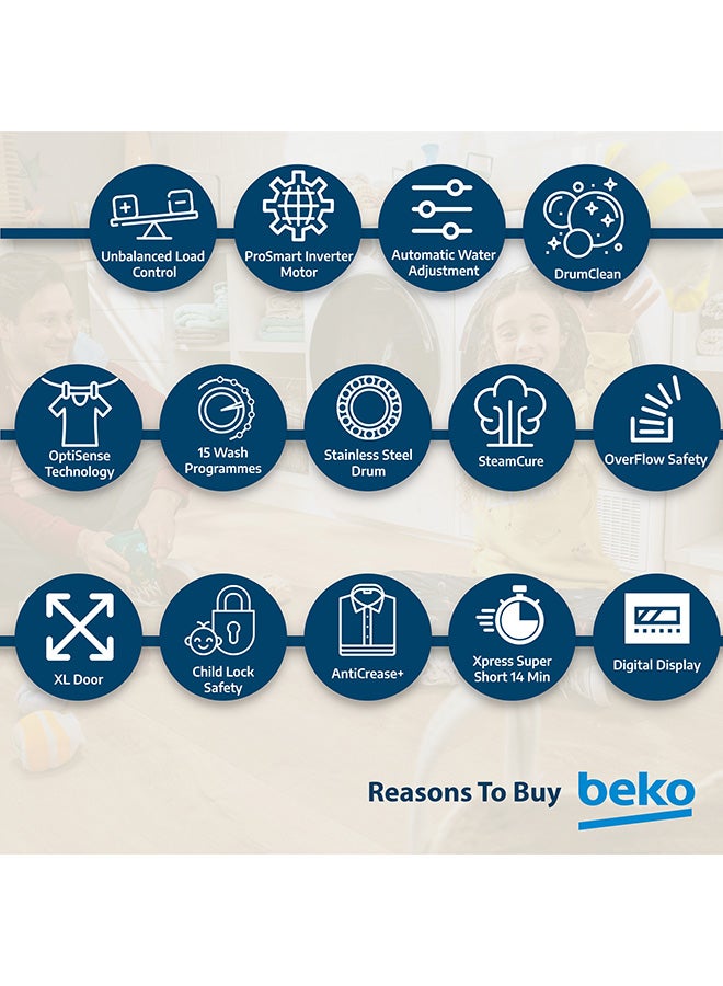 بيكو غسالة ملابس تحميل أمامي 7 كجم، 1200 دورة في الدقيقة، 15 برنامج، ضوضاء منخفضة، غسيل سريع 14/28 دقيقة، غسيل بخاري، شاشة رقمية، وظيفة تنظيف الأسطوانة، ضمان 10 سنوات على محرك العاكس ProSmart - Image 5