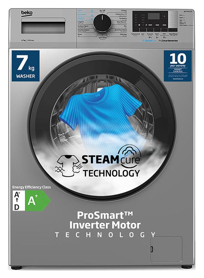 بيكو غسالة ملابس تحميل أمامي 7 كجم، 1200 دورة في الدقيقة، 15 برنامج، ضوضاء منخفضة، غسيل سريع 14/28 دقيقة، غسيل بخاري، شاشة رقمية، وظيفة تنظيف الأسطوانة، ضمان 10 سنوات على محرك العاكس ProSmart - Image 1