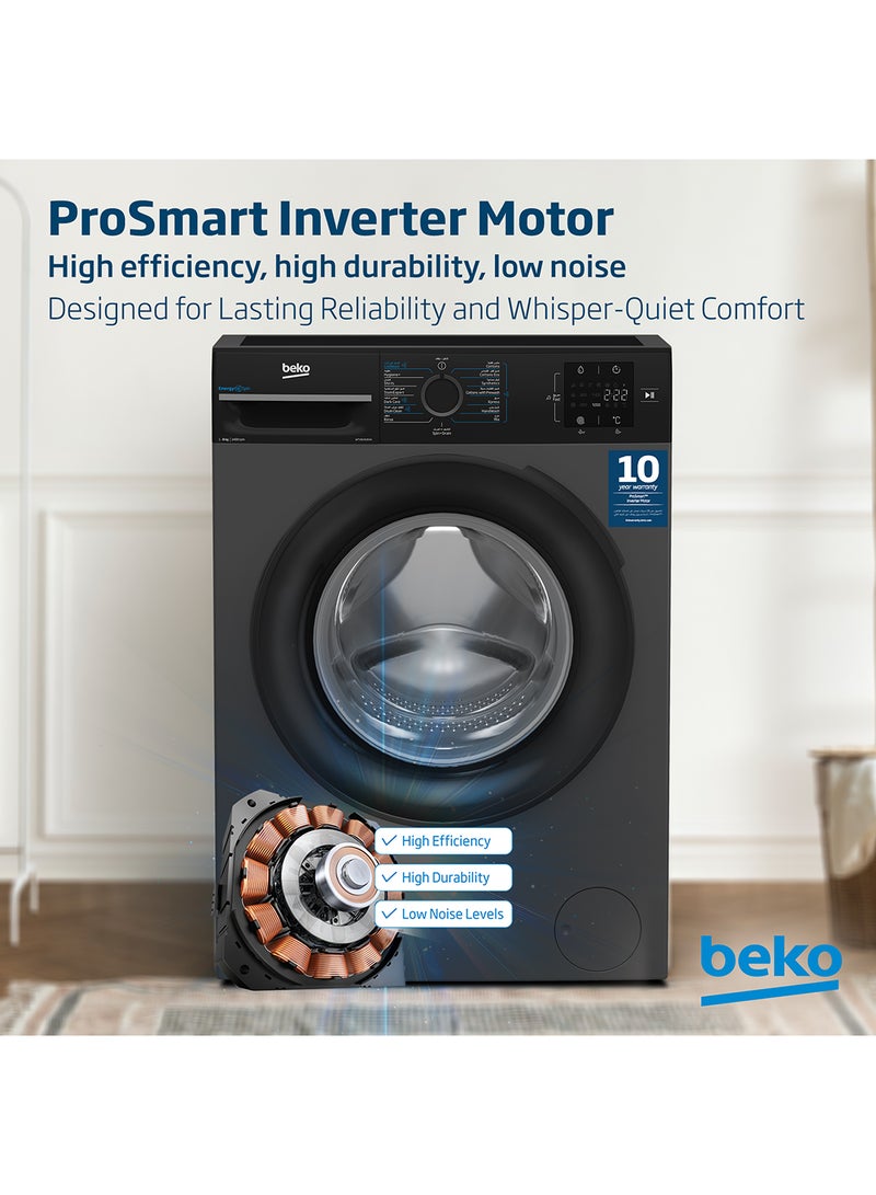 Beko - 8 kg Front Load Washing Machine, 1400 RPM, 15 Programmes, Low Noise, Quick wash 14/28 Minutes, SteamCure Wash, StainExpert, Digital Display, DrumClean Function, 10 Years Warranty on ProSmart Inverter Motor 8 kg WTV814UNXA Bohemian Anthracite - Image 1