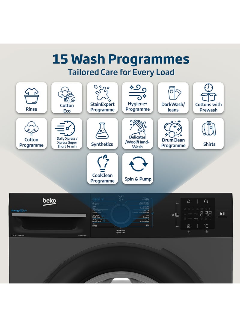 Beko - 8 kg Front Load Washing Machine, 1400 RPM, 15 Programmes, Low Noise, Quick wash 14/28 Minutes, SteamCure Wash, StainExpert, Digital Display, DrumClean Function, 10 Years Warranty on ProSmart Inverter Motor 8 kg WTV814UNXA Bohemian Anthracite - Image 1
