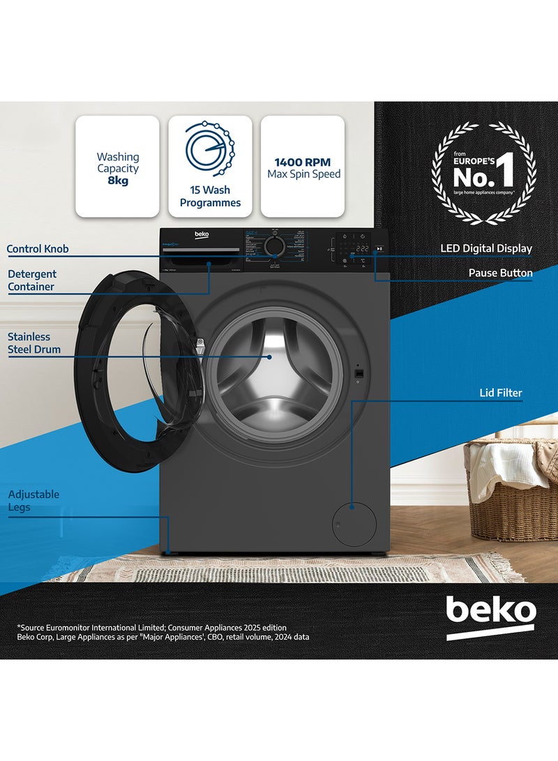 Beko - 8 kg Front Load Washing Machine, 1400 RPM, 15 Programmes, Low Noise, Quick wash 14/28 Minutes, SteamCure Wash, StainExpert, Digital Display, DrumClean Function, 10 Years Warranty on ProSmart Inverter Motor 8 kg WTV814UNXA Bohemian Anthracite - Image 1