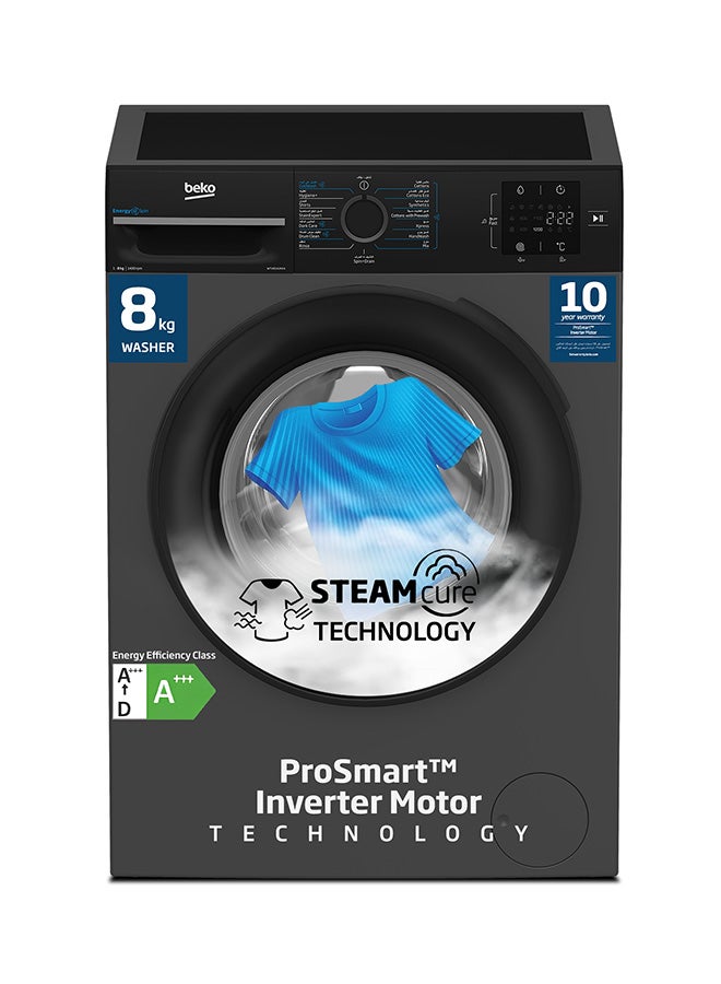Beko 8 kg Front Load Washing Machine, 1400 RPM, 15 Programmes, Low Noise, Quick wash 14/28 Minutes, SteamCure Wash, StainExpert, Digital Display, DrumClean Function, 10 Years Warranty on ProSmart Inverter Motor 8 kg WTV814UNXA Bohemian Anthracite  - Image 1