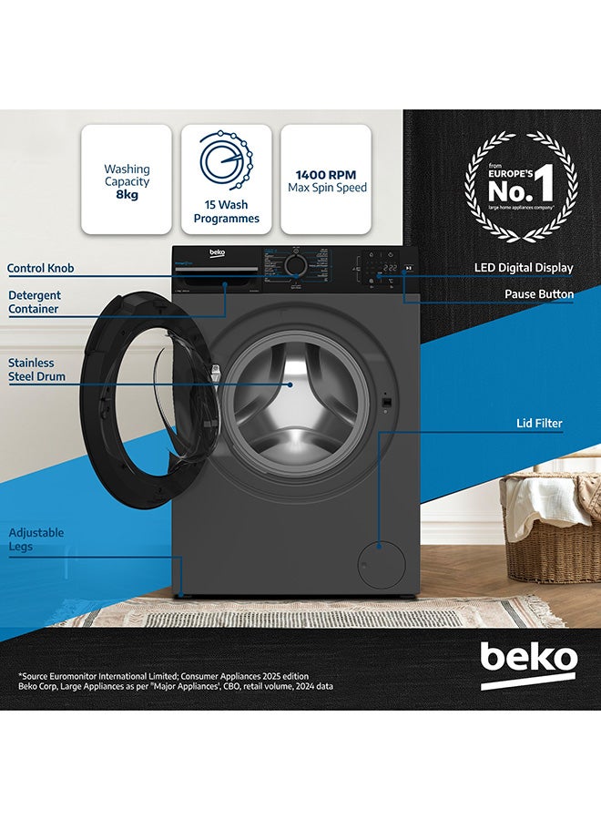 Beko 8 kg Front Load Washing Machine, 1400 RPM, 15 Programmes, Low Noise, Quick wash 14/28 Minutes, SteamCure Wash, StainExpert, Digital Display, DrumClean Function, 10 Years Warranty on ProSmart Inverter Motor 8 kg WTV814UNXA Bohemian Anthracite  - Image 2