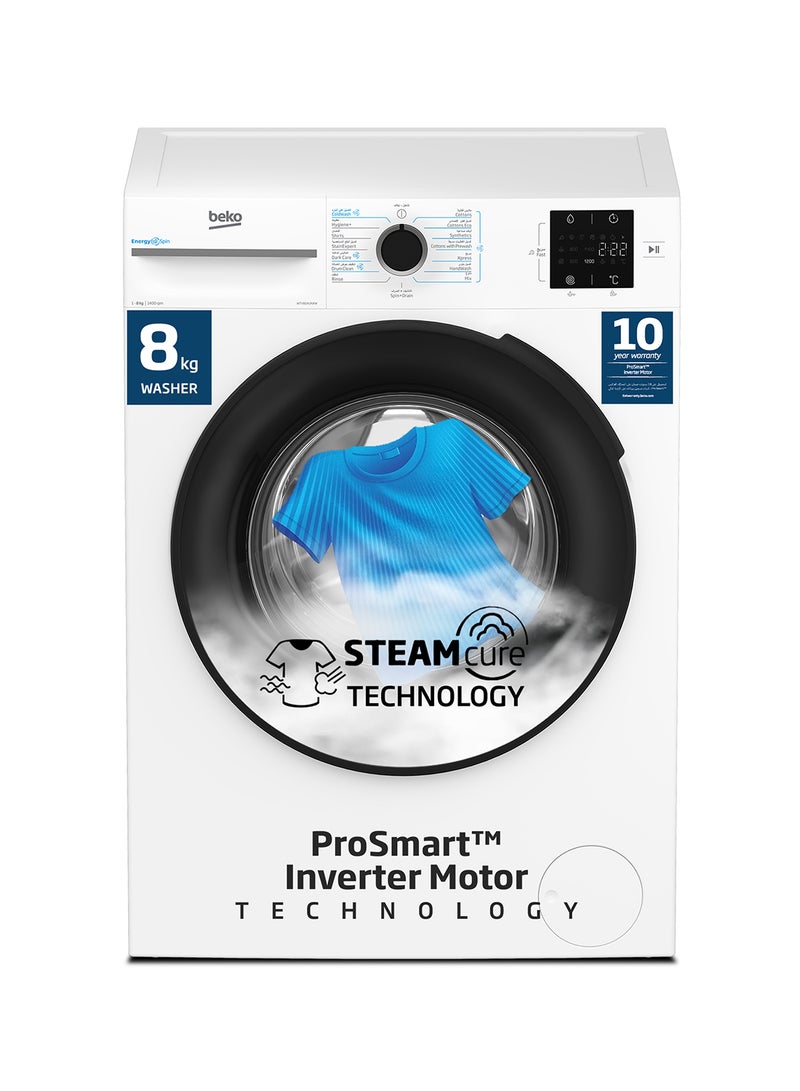Beko 8 kg Front Load Washing Machine, 1400 RPM, 15 Programmes, Low Noise, Quick wash 14/28 Minutes, SteamCure Wash, StainExpert, Digital Display, DrumClean Function, 10 Years Warranty on ProSmart Inverter Motor 8 kg WTV814UNXW White  - Image 1