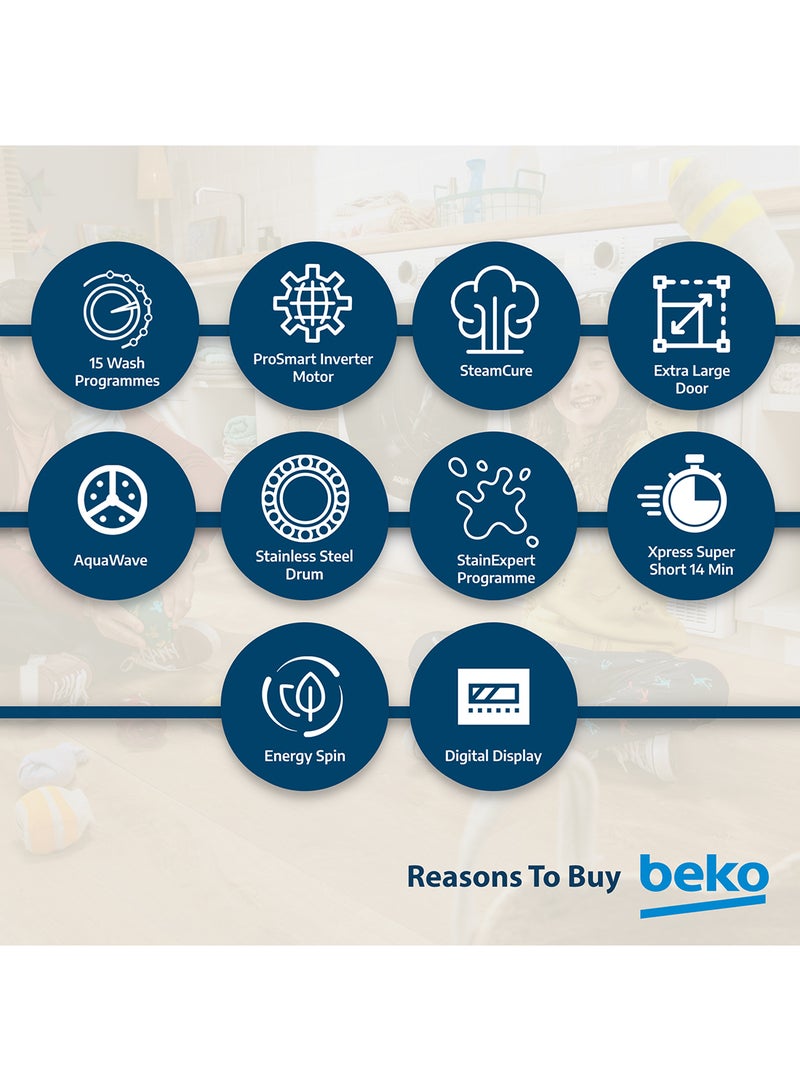 Beko 8 kg Front Load Washing Machine, 1400 RPM, 15 Programmes, Low Noise, Quick wash 14/28 Minutes, SteamCure Wash, StainExpert, Digital Display, DrumClean Function, 10 Years Warranty on ProSmart Inverter Motor 8 kg WTV814UNXW White  - Image 5