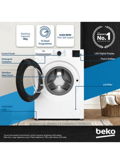 Beko 8 kg Front Load Washing Machine, 1400 RPM, 15 Programmes, Low Noise, Quick wash 14/28 Minutes, SteamCure Wash, StainExpert, Digital Display, DrumClean Function, 10 Years Warranty on ProSmart Inverter Motor 8 kg WTV814UNXW White  - Image 2