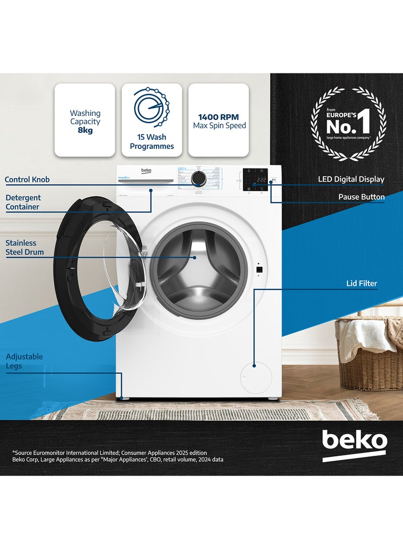 Beko 8 kg Front Load Washing Machine, 1400 RPM, 15 Programmes, Low Noise, Quick wash 14/28 Minutes, SteamCure Wash, StainExpert, Digital Display, DrumClean Function, 10 Years Warranty on ProSmart Inverter Motor 8 kg WTV814UNXW White  - Image 2
