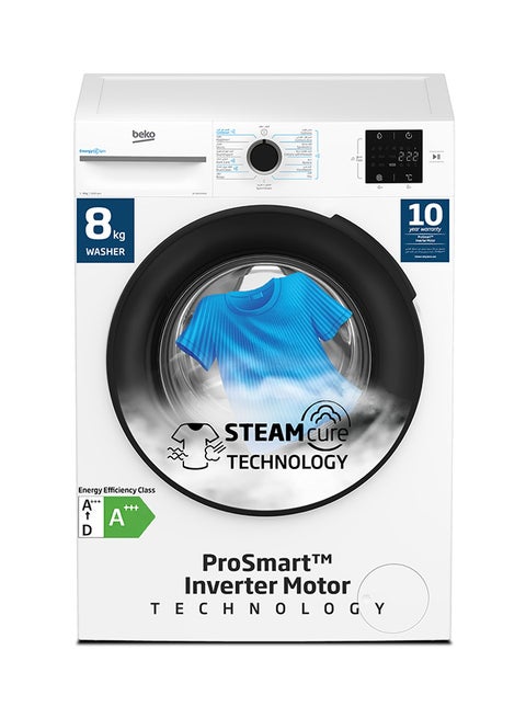 8 kg Front Load Washing Machine, 1400 RPM, 15 Programmes, Low Noise, Quick wash 14/28 Minutes, SteamCure Wash, StainExpert, Digital Display, DrumClean Function, 10 Years Warranty on ProSmart Inverter Motor 8 kg WTV814UNXW White