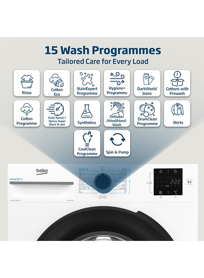 Beko 8 kg Front Load Washing Machine, 1400 RPM, 15 Programmes, Low Noise, Quick wash 14/28 Minutes, SteamCure Wash, StainExpert, Digital Display, DrumClean Function, 10 Years Warranty on ProSmart Inverter Motor 8 kg WTV814UNXW White  - Image 3