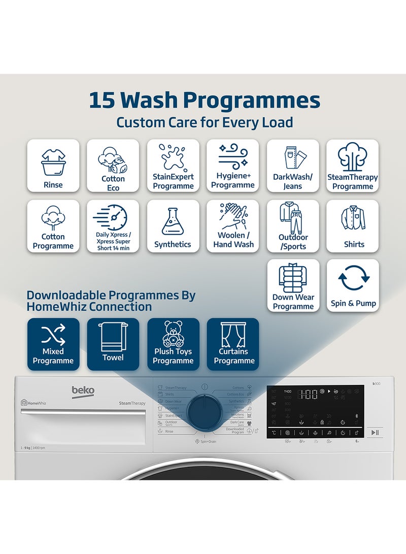 Beko 9 kg Front Load Washing Machine, 1400 RPM, 15 Programmes, Low Noise, Quick wash 14/28 Minutes, SteamTherapy, StainExpert, Digital Display, DrumClean Function, HomeWhiz, 10 Years Warranty on ProSmart Inverter Motor 9 kg WTV9314XW White  - Image 3